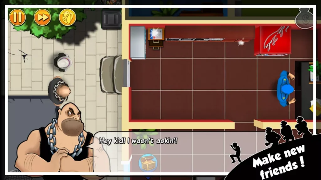 Robbery Bob Mod APK gameplay screenshot showing Bob escaping through a hallway with dynamic lighting and shadows