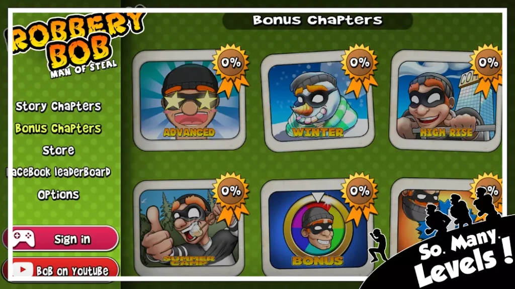 Robbery Bob Mod APK bonus chapters menu with cartoon icons