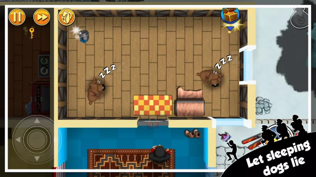 Robbery Bob Mod APK gameplay screenshot showing Bob navigating a puzzle room filled with obstacles