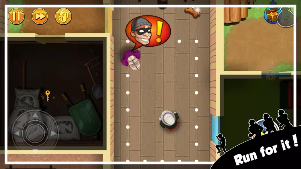 Robbery Bob Mod APK gameplay screenshot showing Bob running across a rooftop pathway with obstacles